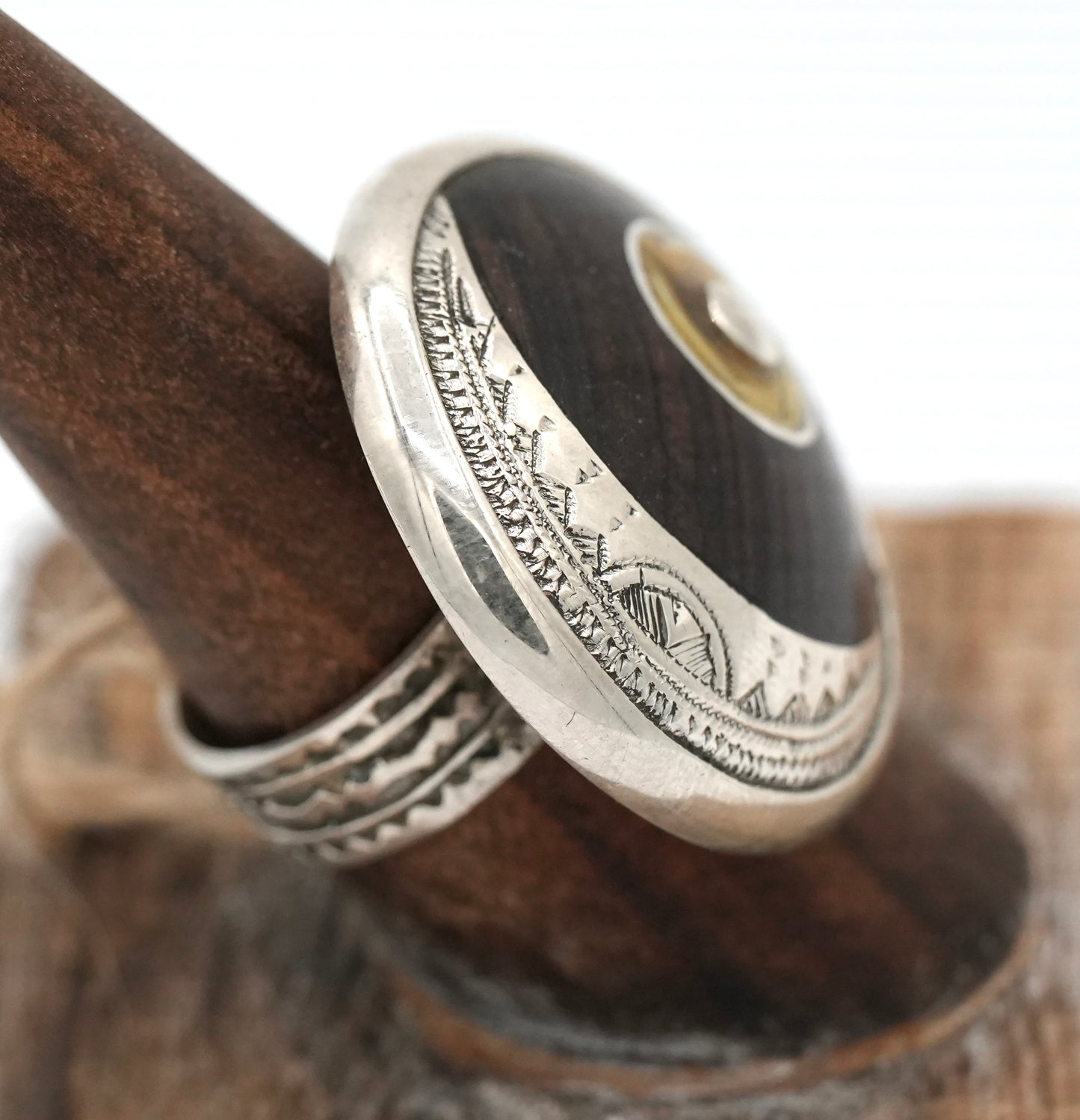 NEW!  Tuareg Made Moon Ring by Alassan Didi of Niger - Rosewood and Engraved Sterling Silver - Size 8