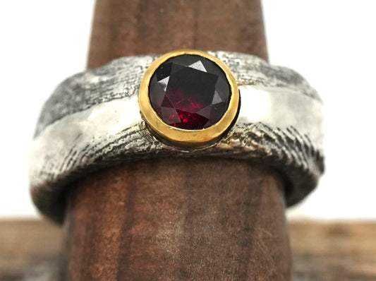 New!  Anthill Garnet Unisex Ring by Jenn Dewey Designs - Cuttlefish Bone Casting in FAIRMINED Sterling Silver with 22k Gold Bezel - Size 9