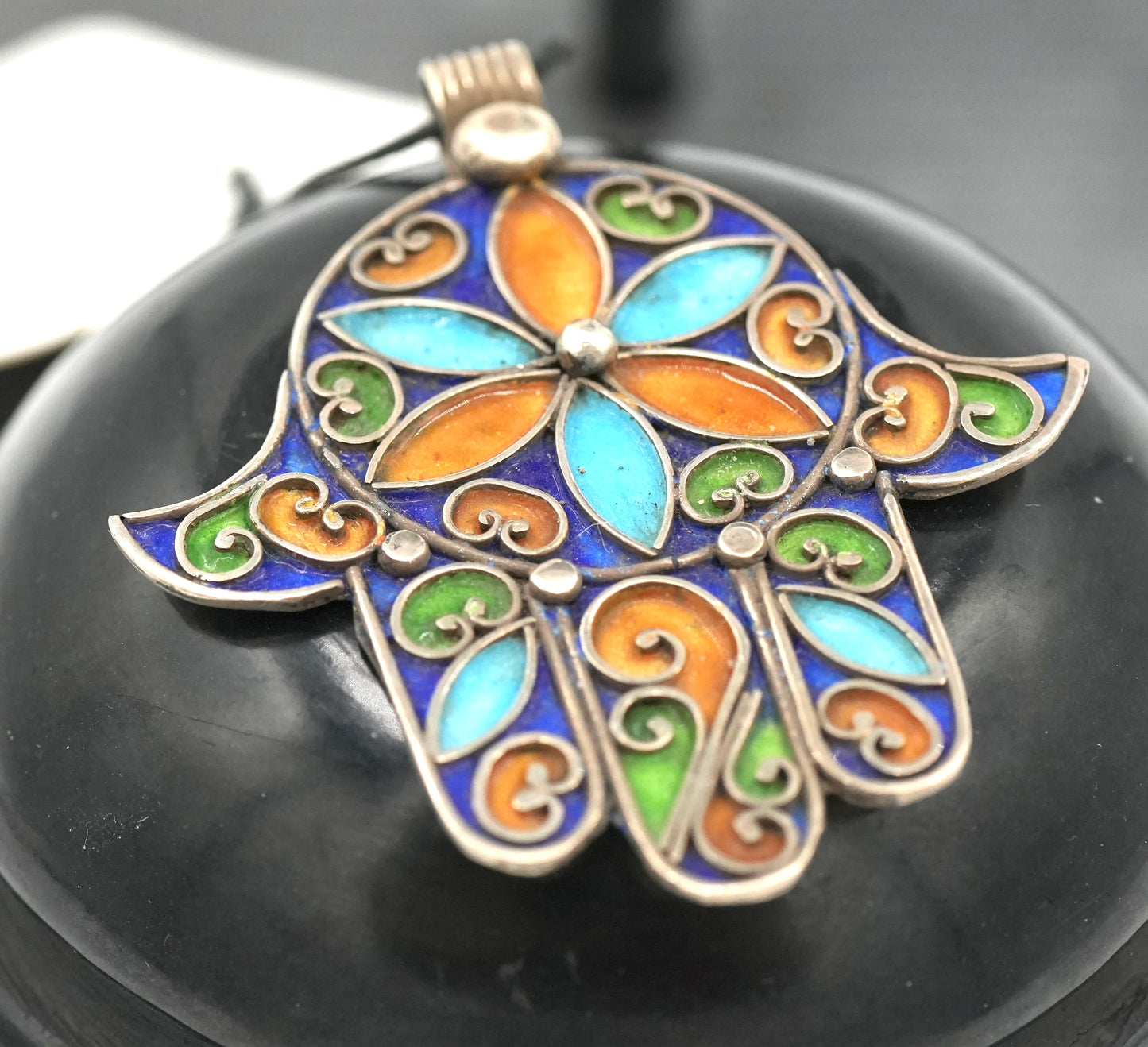 New - Moroccan Hamsa (Hand of Fatima) Enameled Silver Pendant - Made in Tiznit