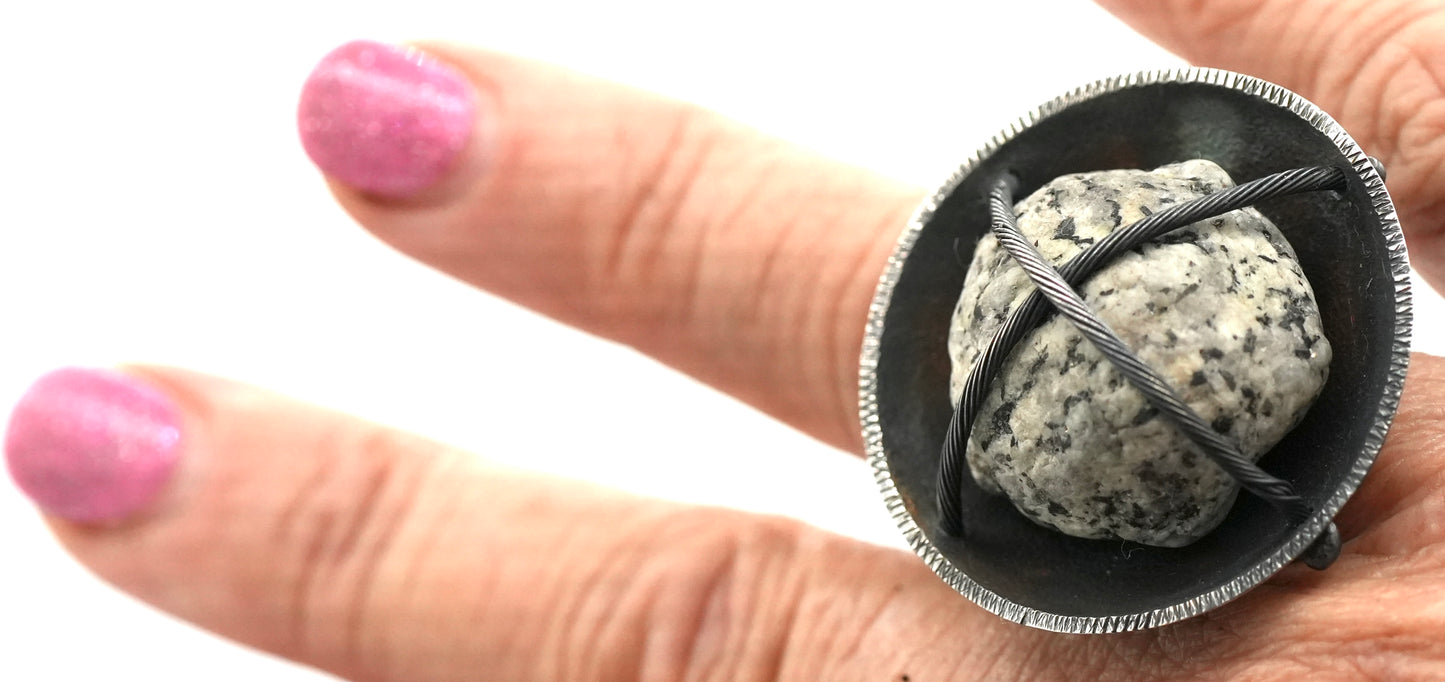 New - "Pet Rock" Perfume Ring by Jenn Dewey - Found Beach Pebble set in Reclaimed Sterling Silver - Size 6.5