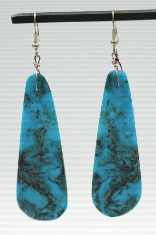 Stunning Long Dangle Santo Domingo Pueblo Turquoise Slab Earrings - Matched Book Cut Kingman Smoke Turquoise.  By Daniel Coriz.