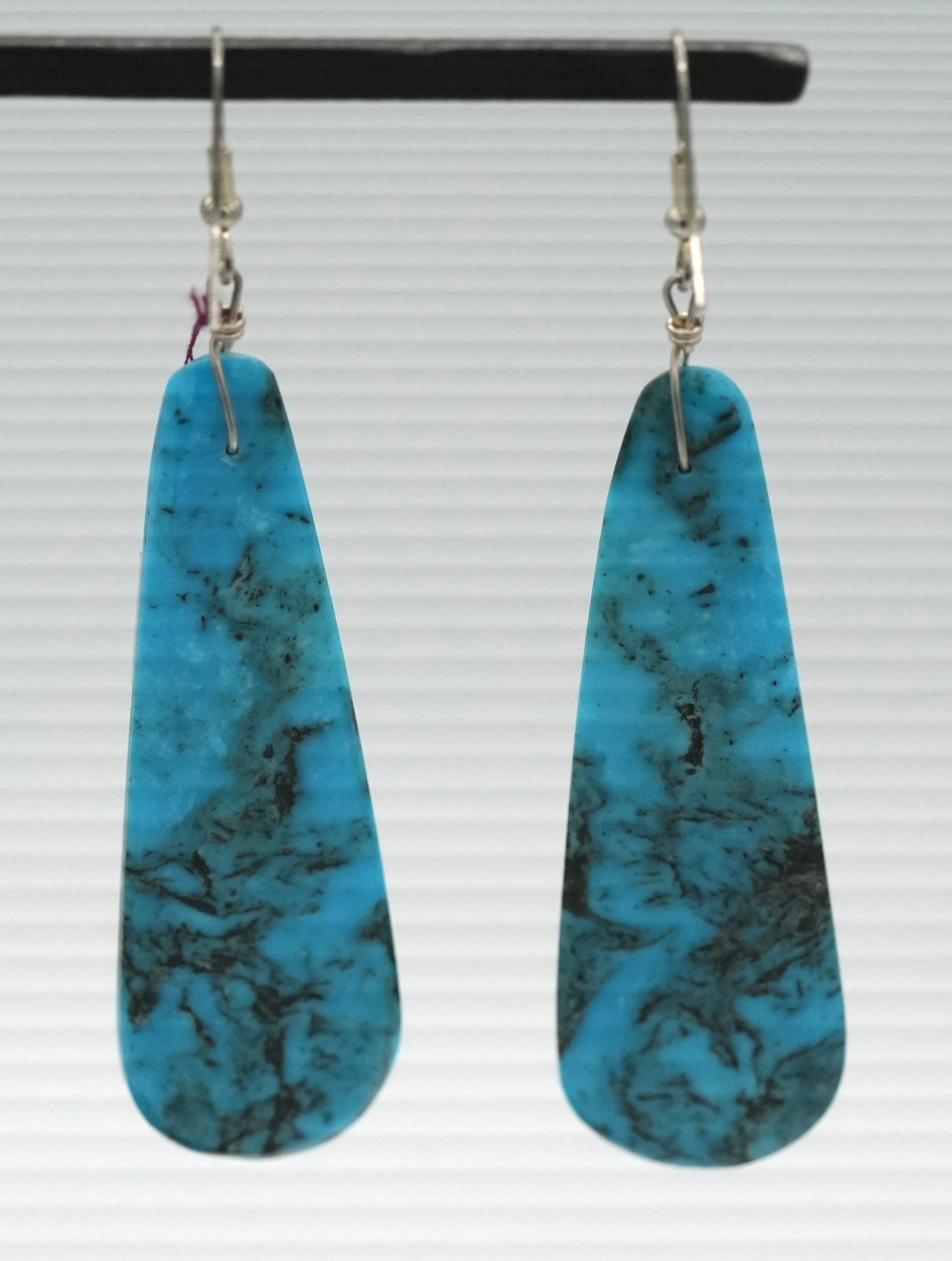 Stunning Long Dangle Santo Domingo Pueblo Turquoise Slab Earrings - Matched Book Cut Kingman Smoke Turquoise.  By Daniel Coriz.