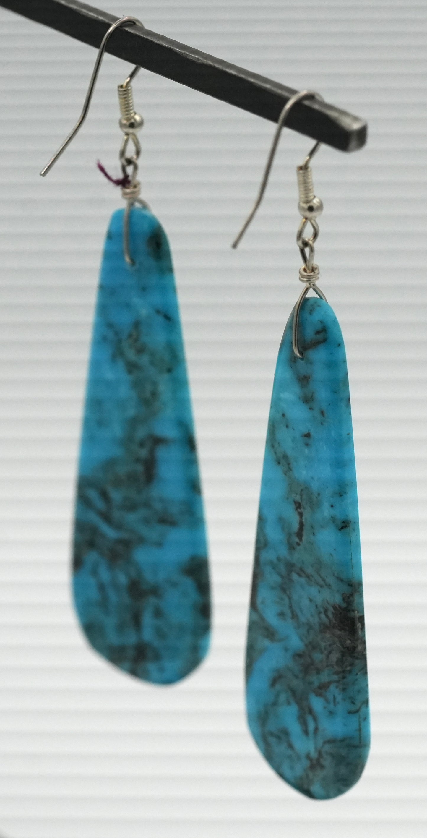Stunning Long Dangle Santo Domingo Pueblo Turquoise Slab Earrings - Matched Book Cut Kingman Smoke Turquoise.  By Daniel Coriz.