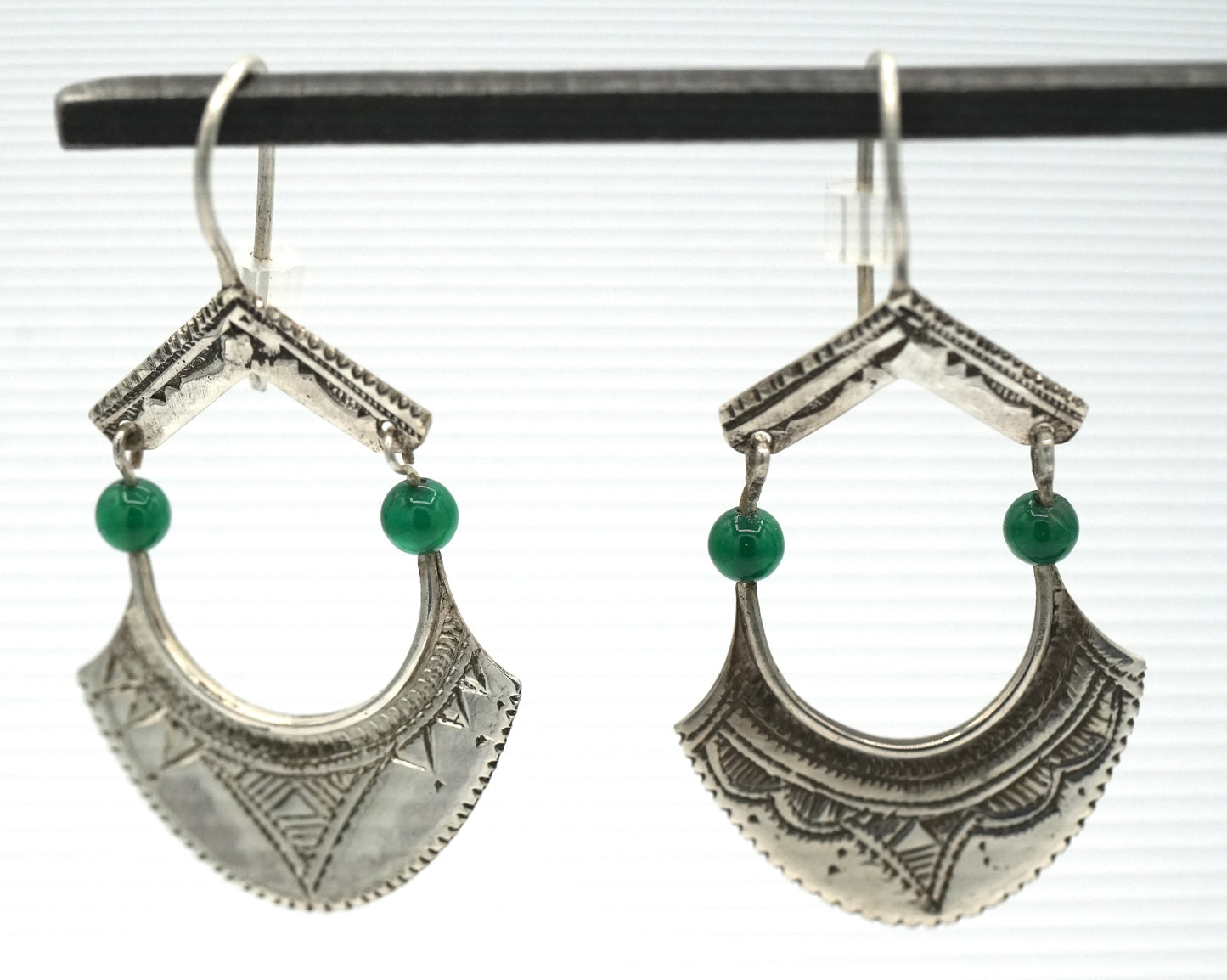 New - Hand Engraved Tuareg Made Silver Dangle Earrings with Green Agate Accents - by Alassan Didi of Niger, Africa