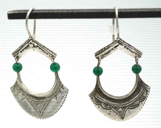 New - Hand Engraved Tuareg Made Silver Dangle Earrings with Green Agate Accents - by Alassan Didi of Niger, Africa