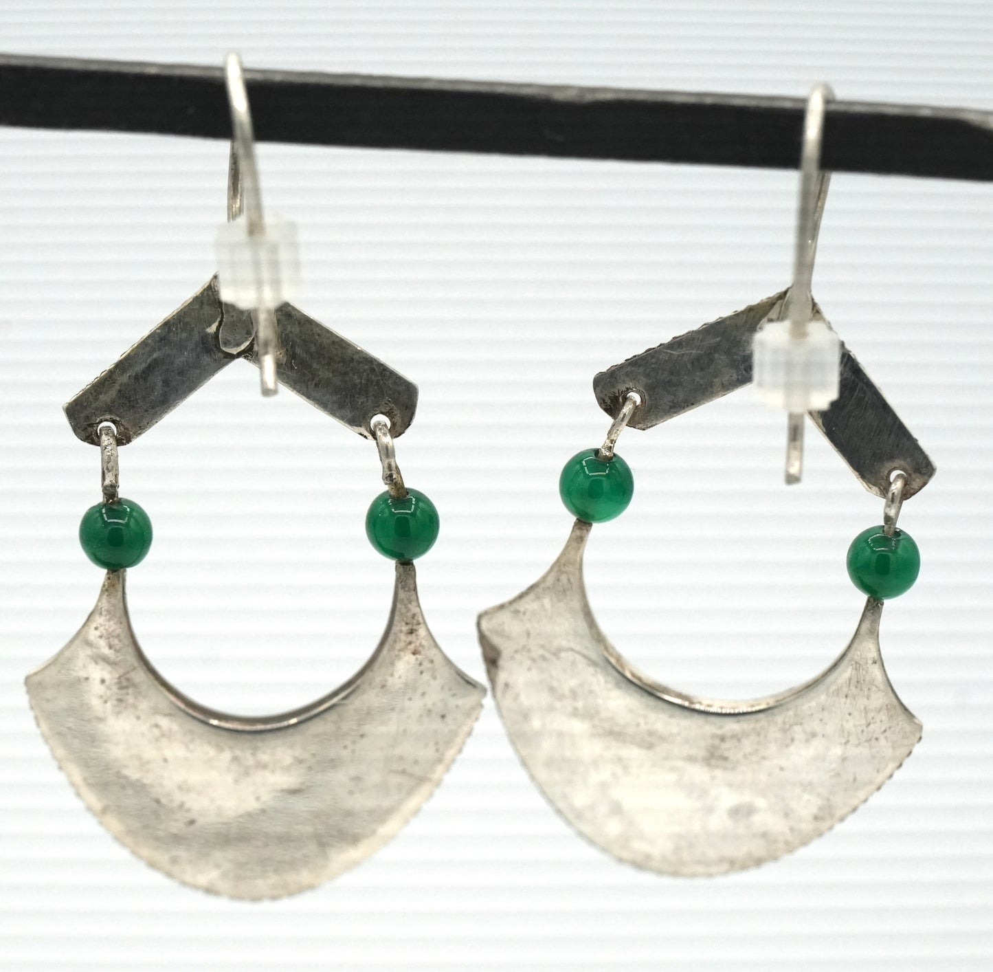 New - Hand Engraved Tuareg Made Silver Dangle Earrings with Green Agate Accents - by Alassan Didi of Niger, Africa