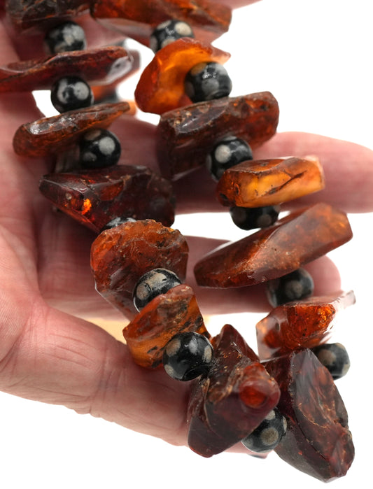 Vintage Ethiopian Natural Fossil Amber & Skunk Bead Necklace - Restrung by Jenn