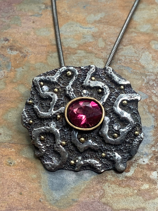 2023 - "Hydra" Brain Coral Imprint Sterling Pendant by Jenn Dewey - FAIRMINED Noble Metals - Transparently Sourced ANZA Pink Tourmaline