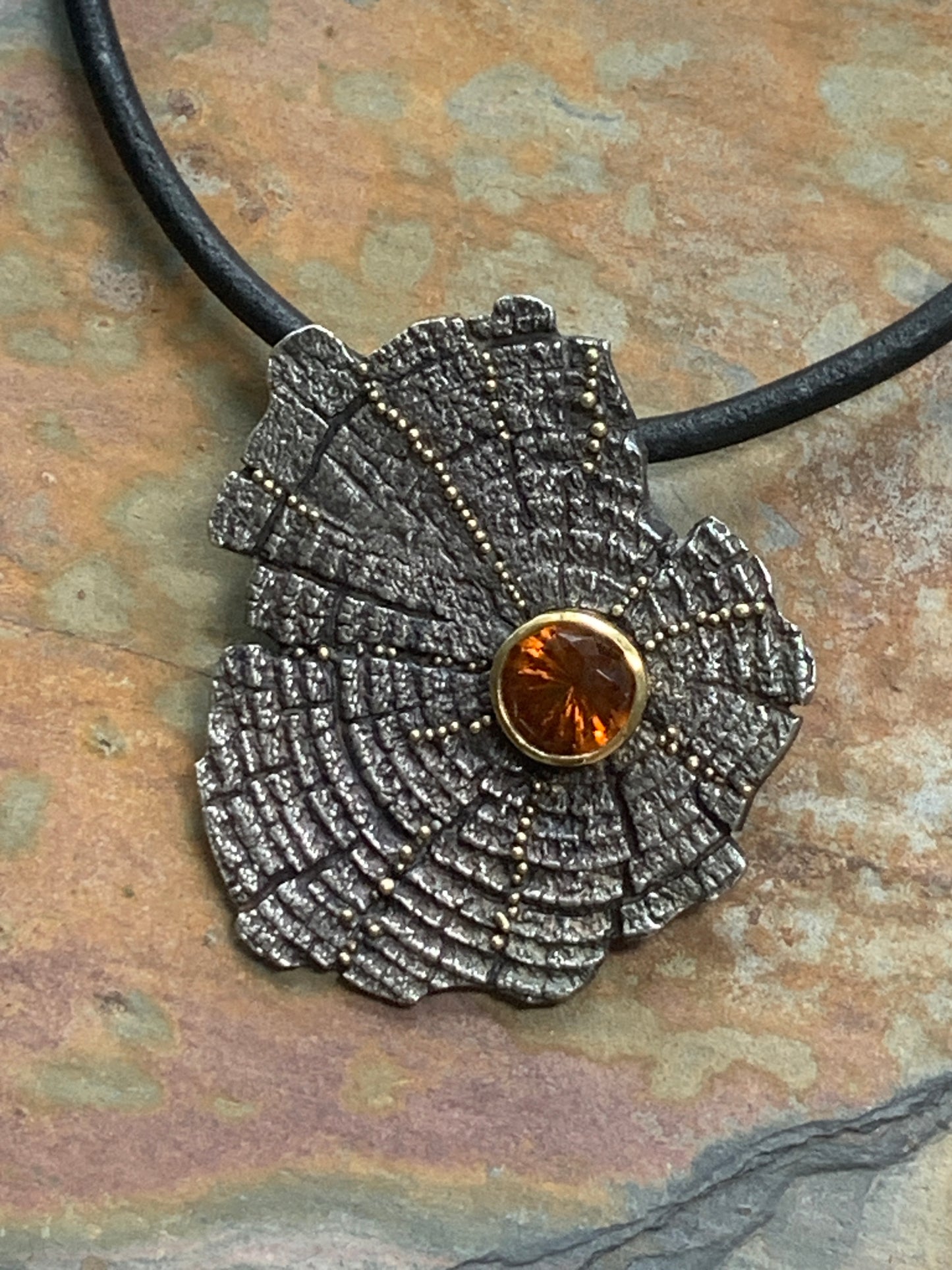2023 - "Resilience"  - Granulation upon Sterling Tree Rings Pendant - Imprint Casting - Pendant  by Jenn Dewey - FAIRMINED Noble Metals & FairTrade Citrine