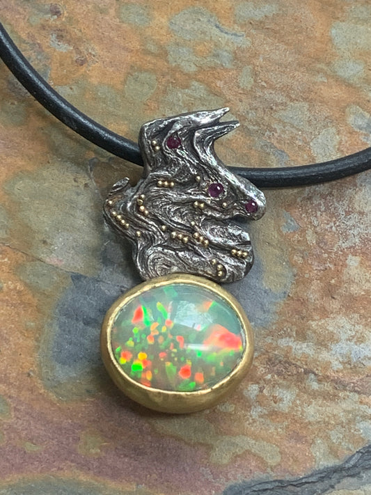 2023 - "Green Comet"  Gold Granulation upon Burl Wood Silver Casting and 22k Gold  - Ethiopian Opal Pendant by Jenn Dewey