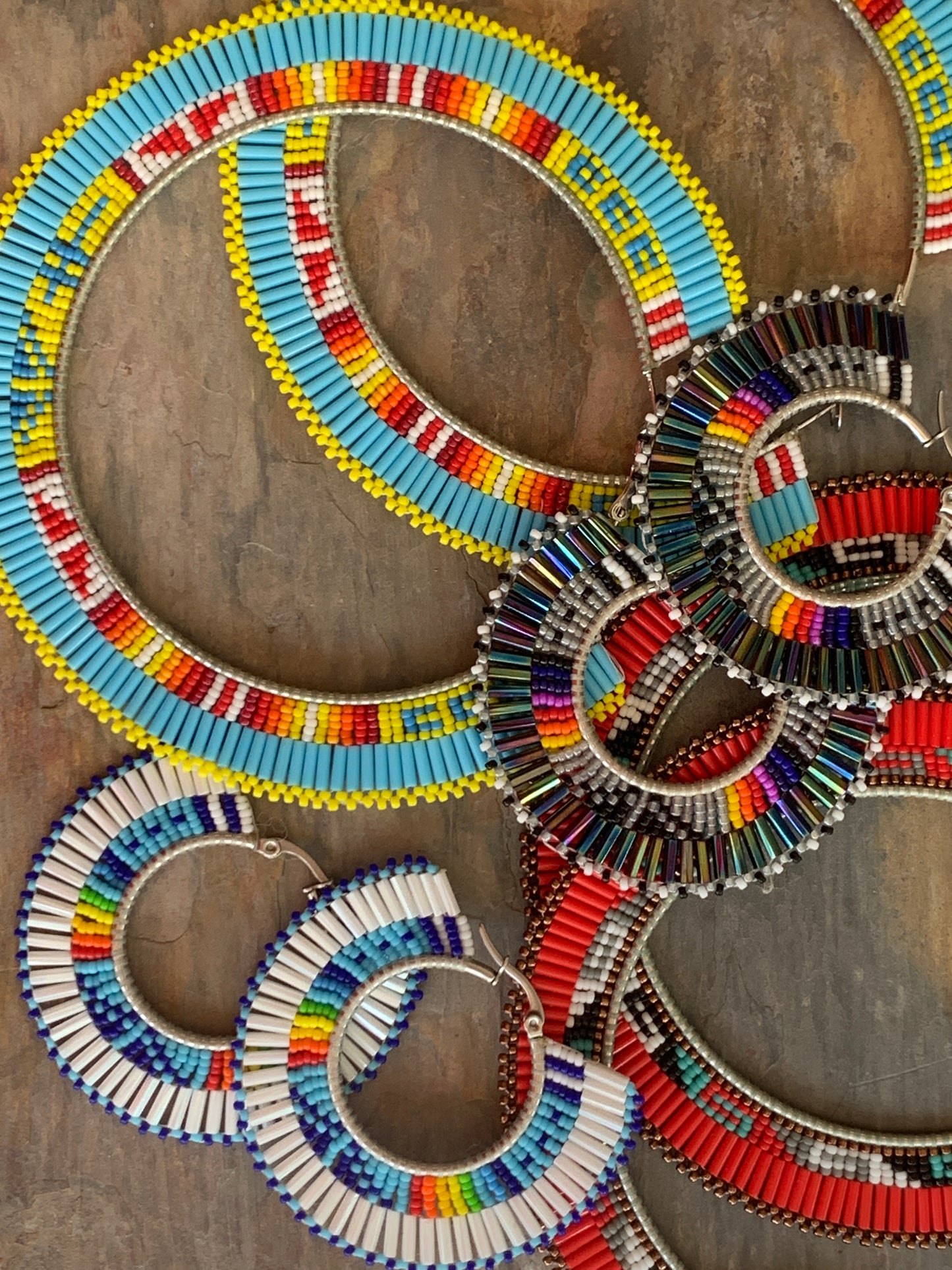 New - Navajo Flat Weave Beaded 2" Hoop Earrings by Laverne Tsosie - White