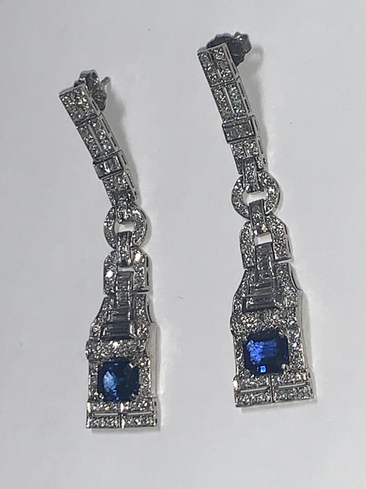 Antique Art Deco Sapphire & Diamond Platinum Dangle Earrings - Expertly Modified From an Antique Watch Band!