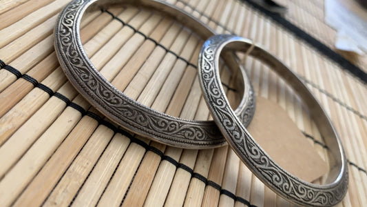 Engraved Solid Silver Moroccan Bangle Bracelets - Set of two