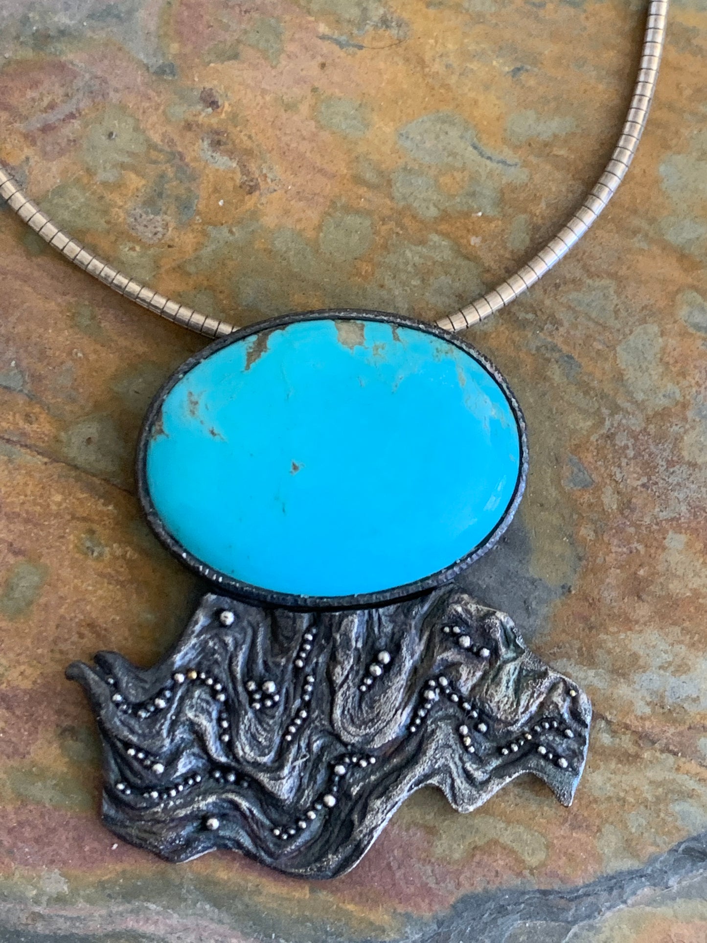 2023 - "Ondulato" Burl Wood Cast Pendant with Silver Granulation and Kingman Turquoise by Jenn Dewey