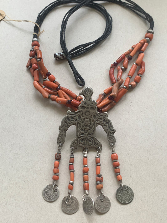 Vintage Eagle and Antique Coral Necklace -  Moroccan Ethnic Style Neckpiece