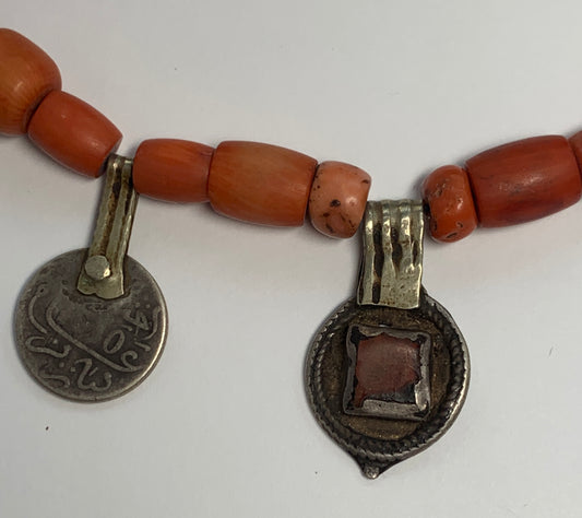 Antique Moroccan Amazigh (Berber) Coral and Coin Necklace