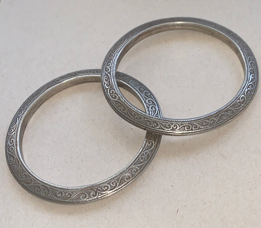 Engraved Silver Moroccan Bangle Bracelets - Set of two